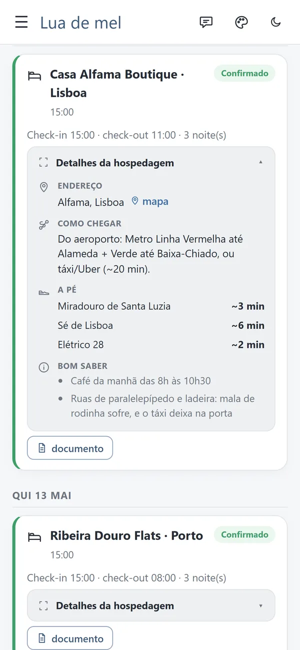 Card da hospedagem aberto: endereço, como chegar do aeroporto, tempo a pé até os pontos próximos e dicas.